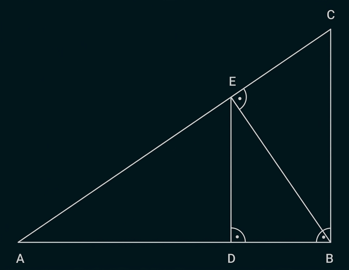 Geometrische Skizze mit Dreieck ACB, Punkt E und eingezeichneten Hilfslinien sowie rechten Winkeln.